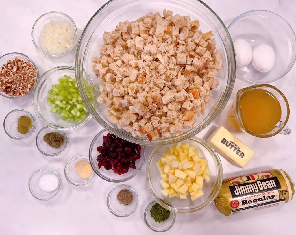 Photo of ingredients for Sausage cranberry sourdough stuffing.