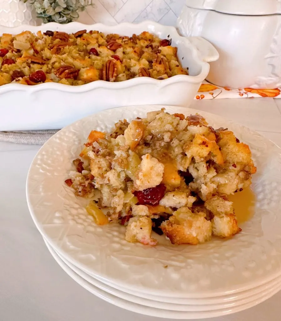 Baked sausage sourdough stuffing with cranberries and pecans.