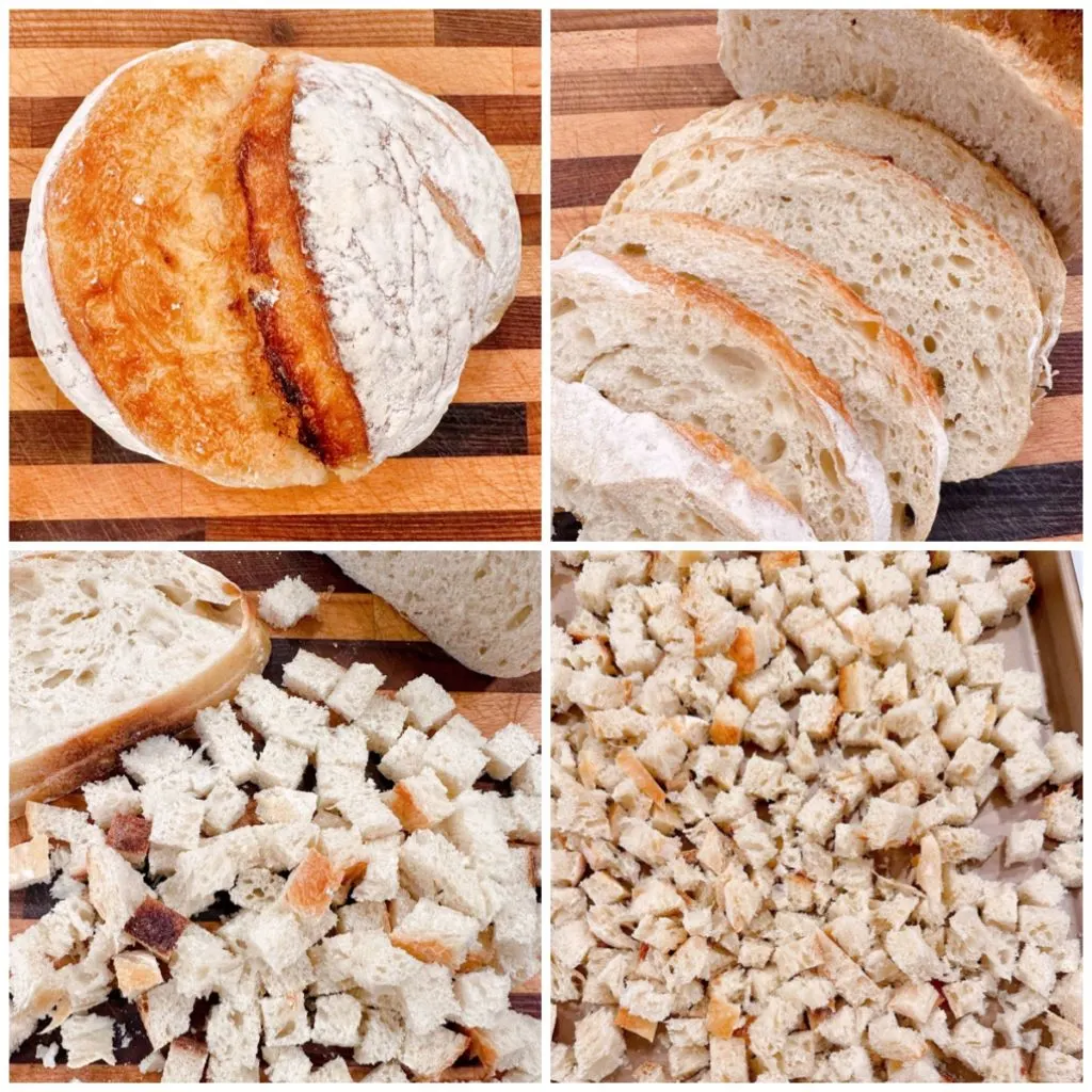 Sourdough bread process shots of being prepared to make bread cubes for stuffing.