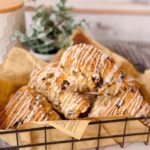 Basket full of pecan chocolate chip scones.