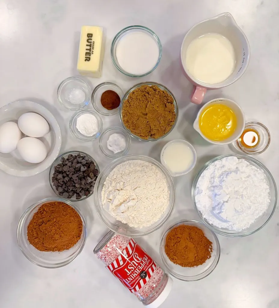 Ingredients for Chocolate Peppermint Loaf cake.