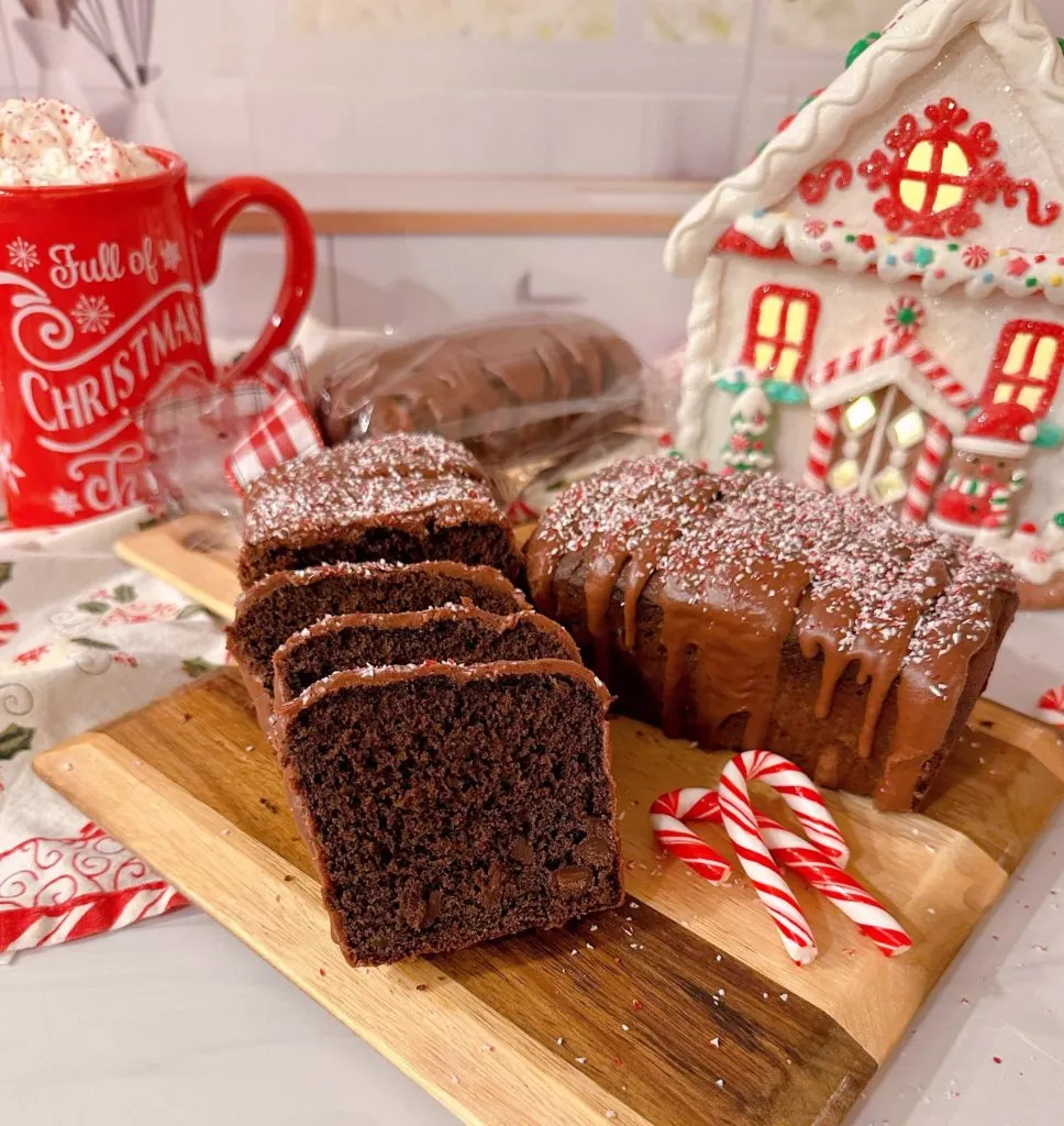 Sliced Chocolate Peppermint Loaf cake.