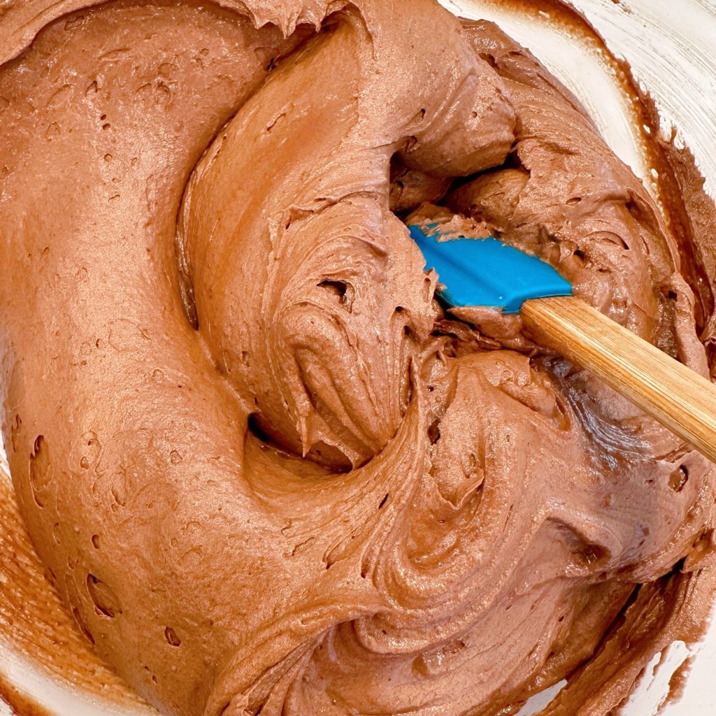 Chocolate loaf batter all mixed and ready to pour into baking pans.