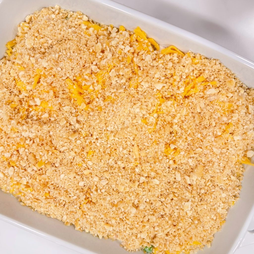 Cracker crumbs sprinkled on top of the casserole.