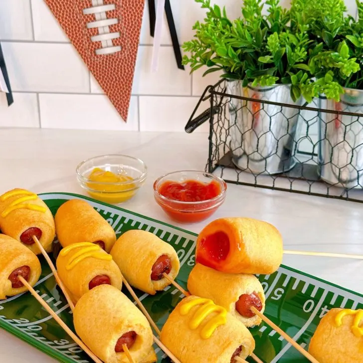 Mini-Corn Dogs on a fooball tray!