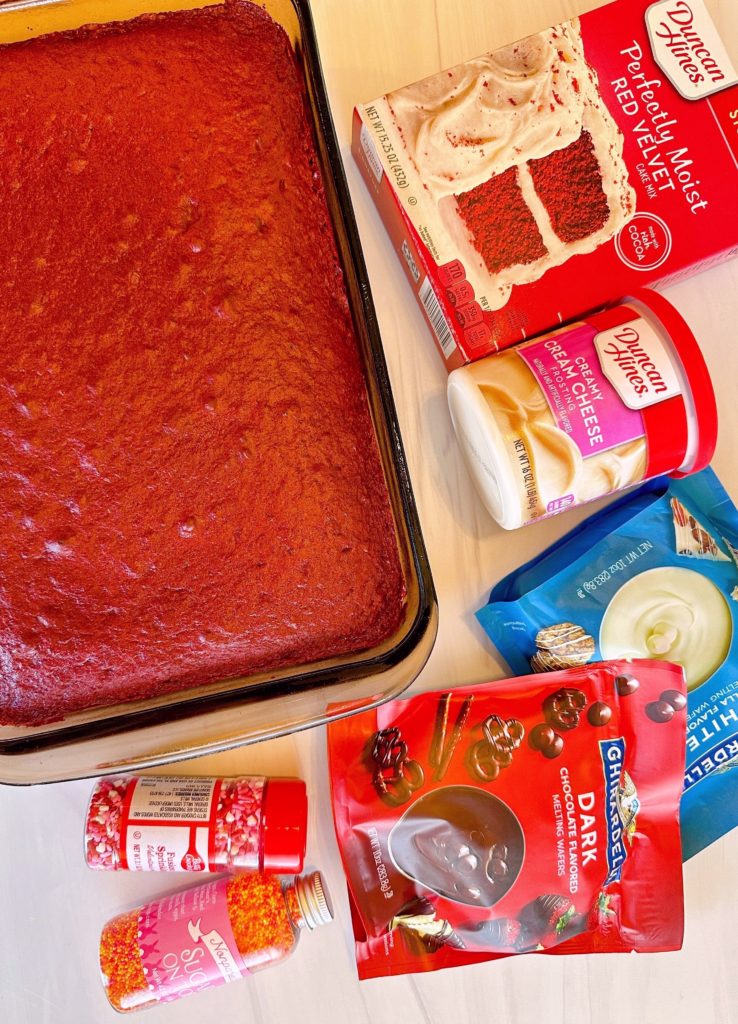 Ingredients for red velvet cake balls.