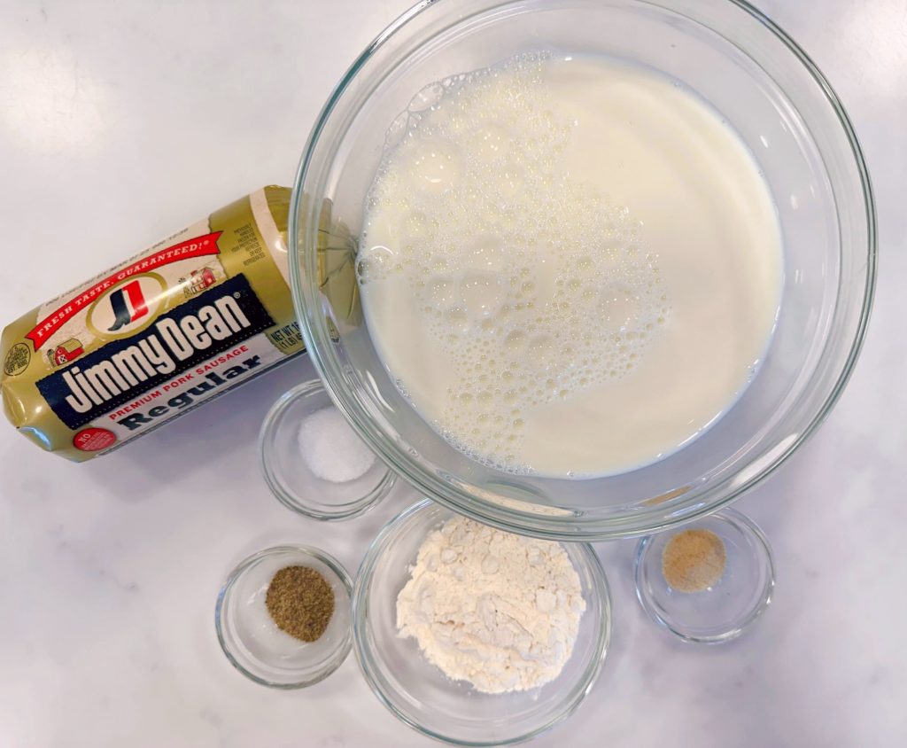 Ingredients for homemade sausage gravy recipe.