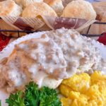 Sausage gravy and biscuits breakfast.