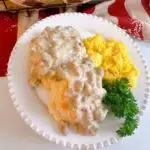 Biscuits and Sausage Gravy with scrambled eggs.