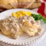 Sausage Gravy on top of biscuits with scrambled eggs.