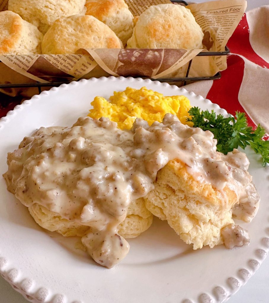 Sausage Gravy over Biscuits with scrambled eggs.