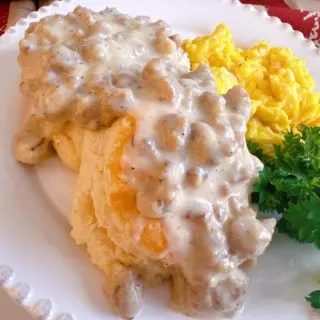 Sausage Gravy over buttermilk biscuits.