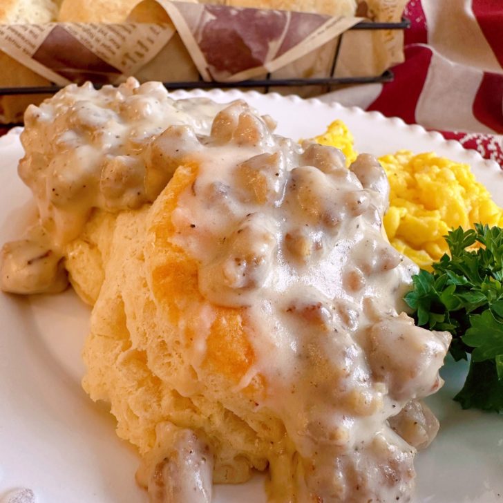 Sausage gravy over biscuits with scrambled eggs.