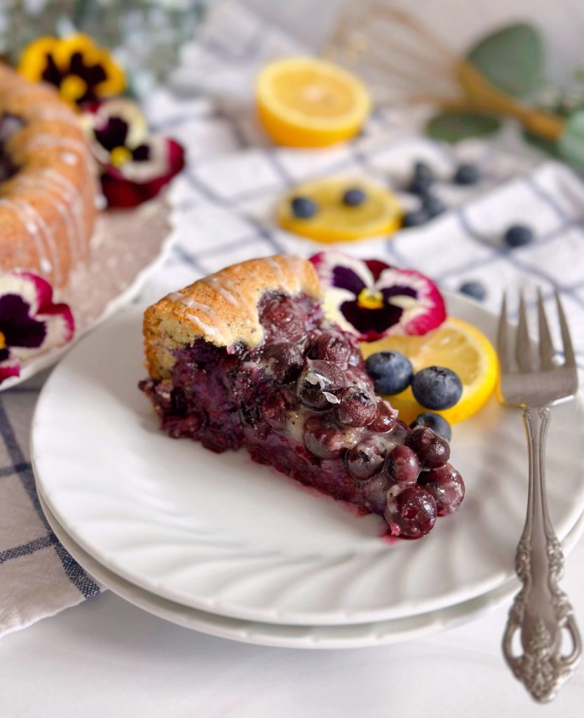 Slice of Blueberry-Lemon Poppy Seed Brunch Cake.