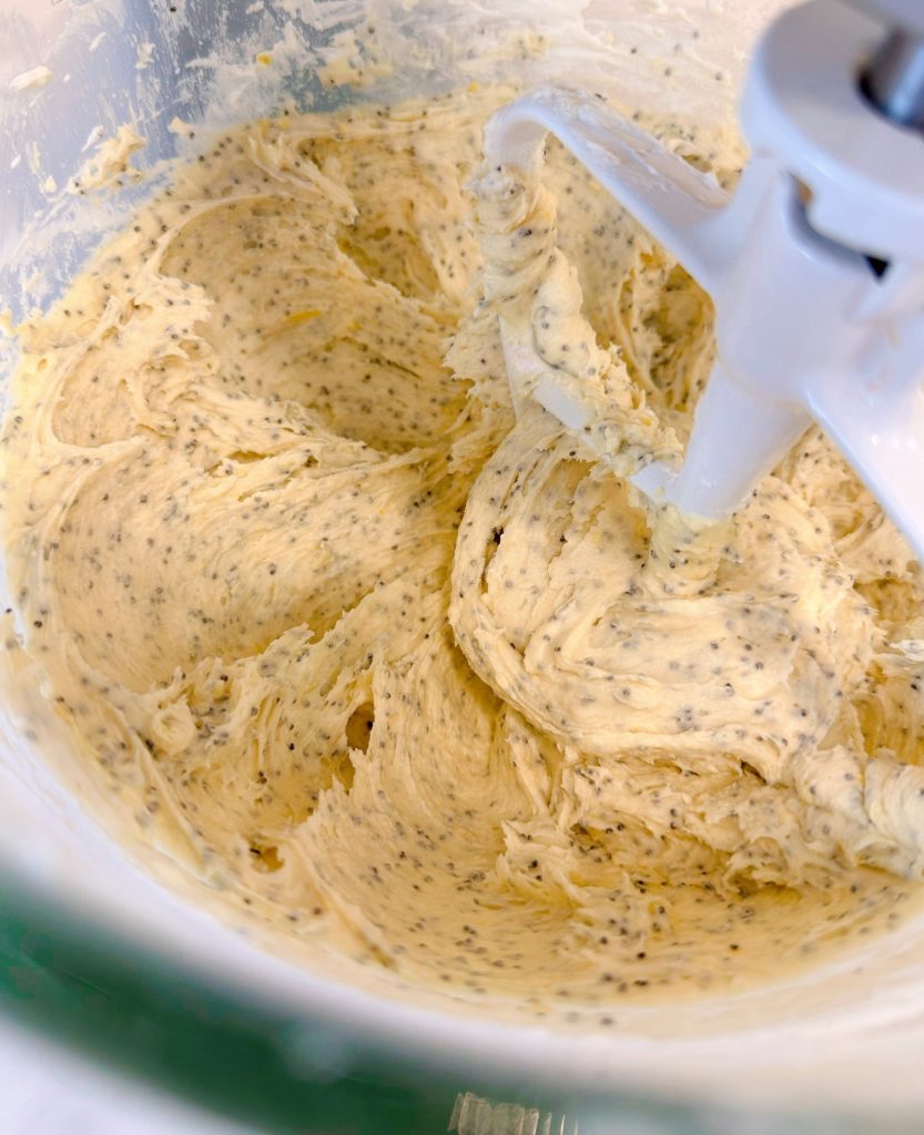 Cake batter is mixed in the mixer.