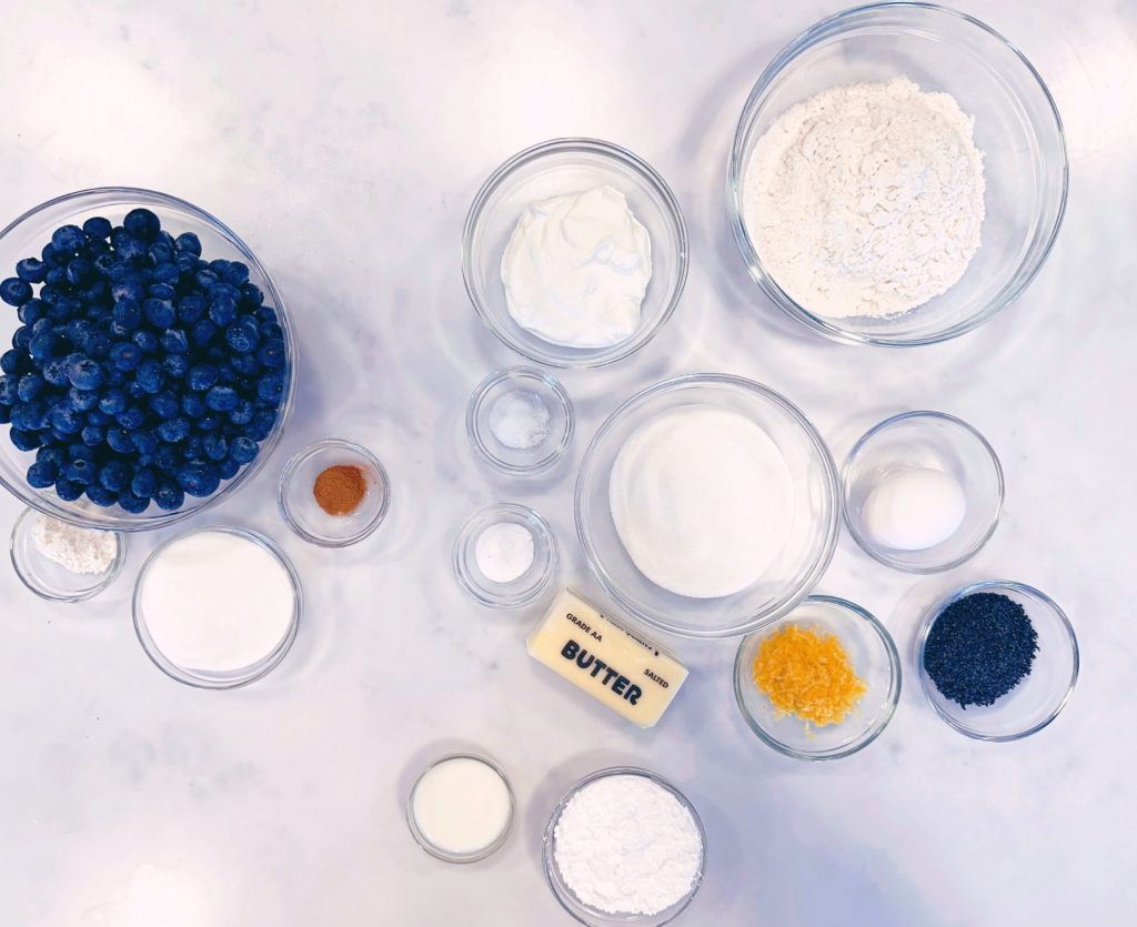 Ingredients for Blueberry-Lemon Poppy Seed Brunch Cake.